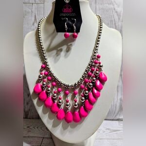 paparazzi Hot Pink Bib Necklace and Earrings Set